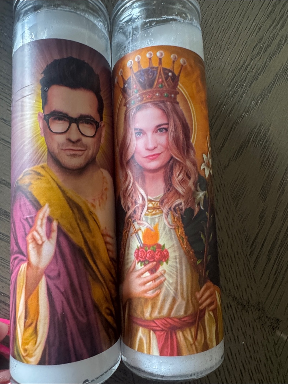 Pair of Schitts Creek David and Alexis novelty prayer candles